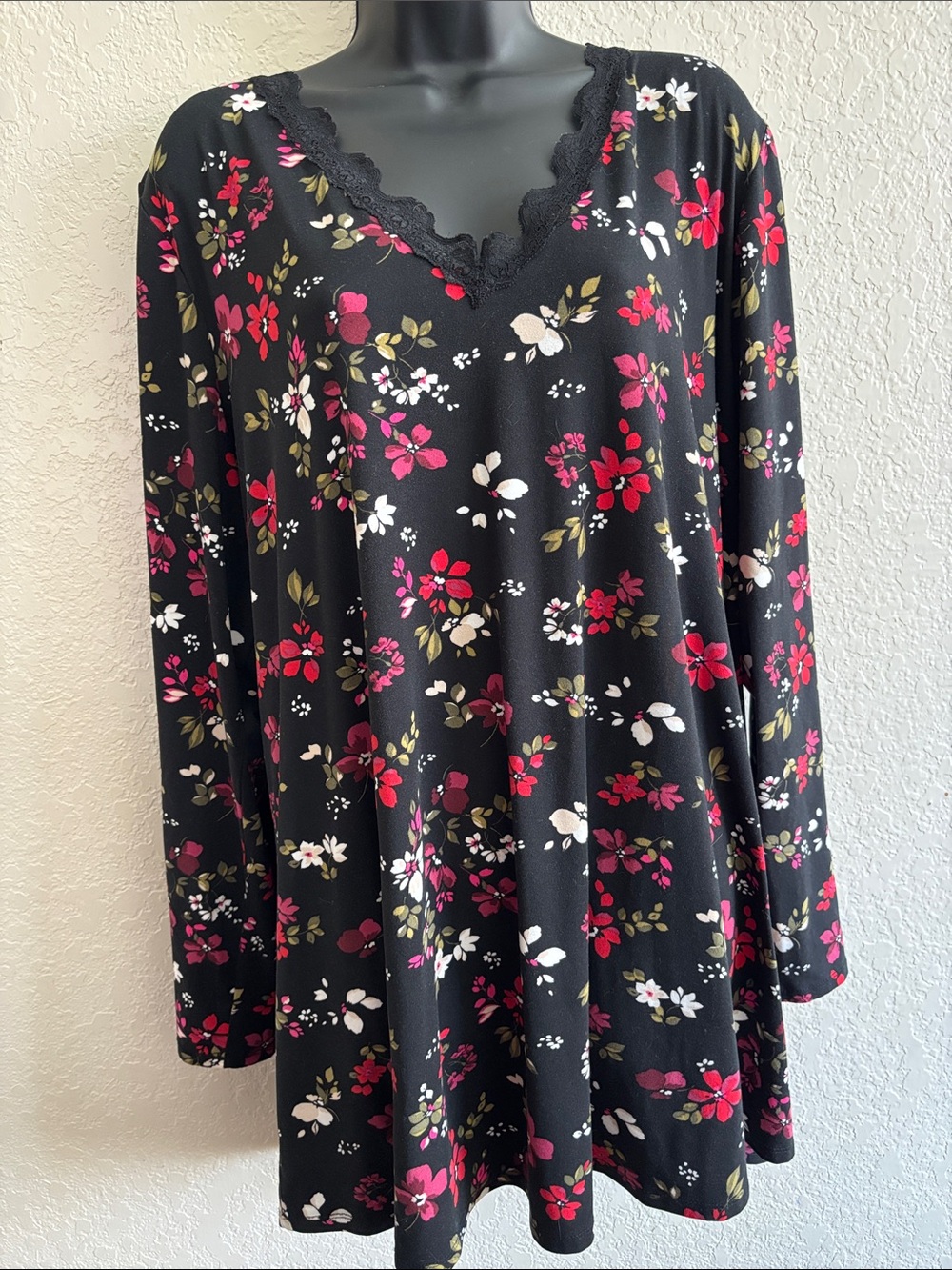 Lane Bryant Black V-Neck Floral Lace-Trim Nightshirt